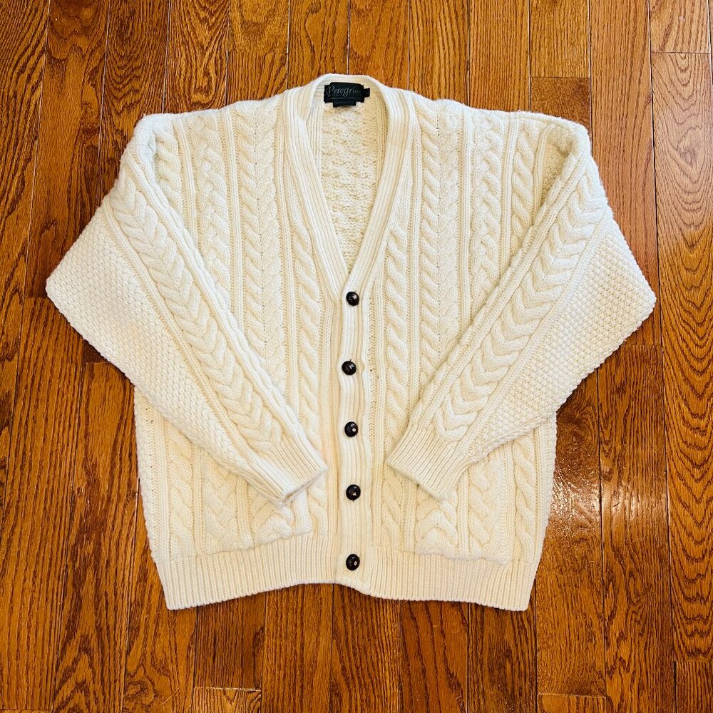 Vintage Peregrine Men Cable Knit 100% Wool Cardigan Sweater Size Large
